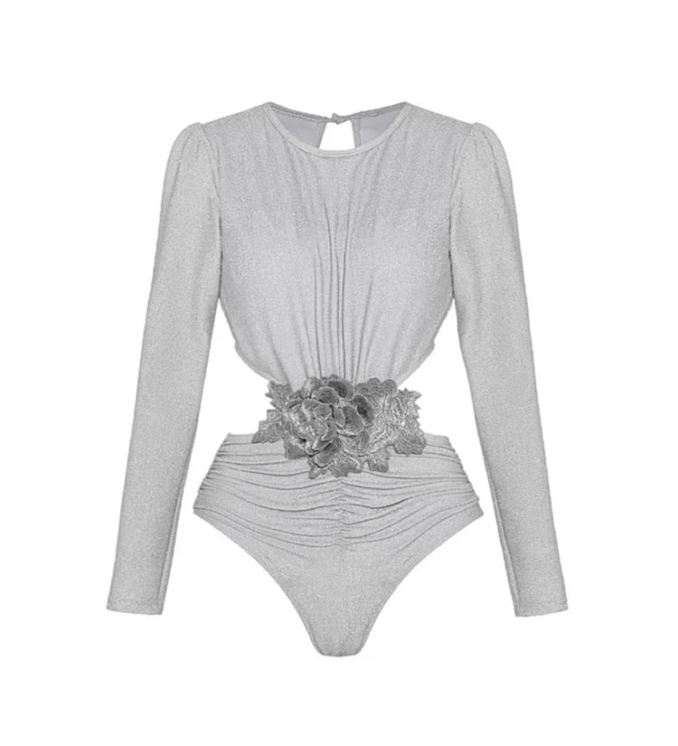 Silver Glossy Long Sleeve One-Piece Swimsuit