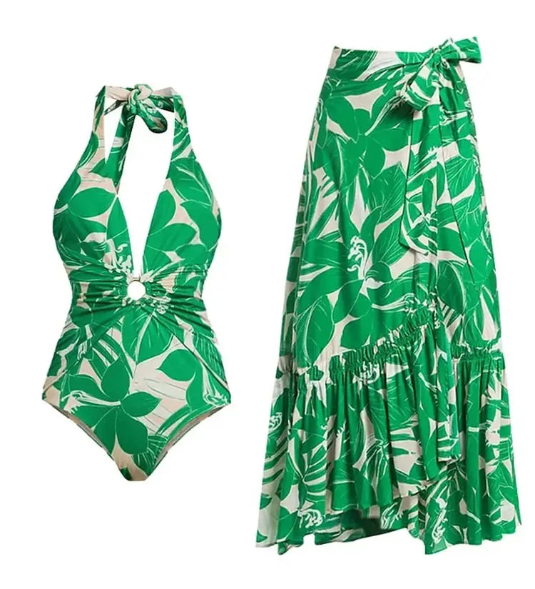 Green Halter Deep V One-Piece Swimsuit Set