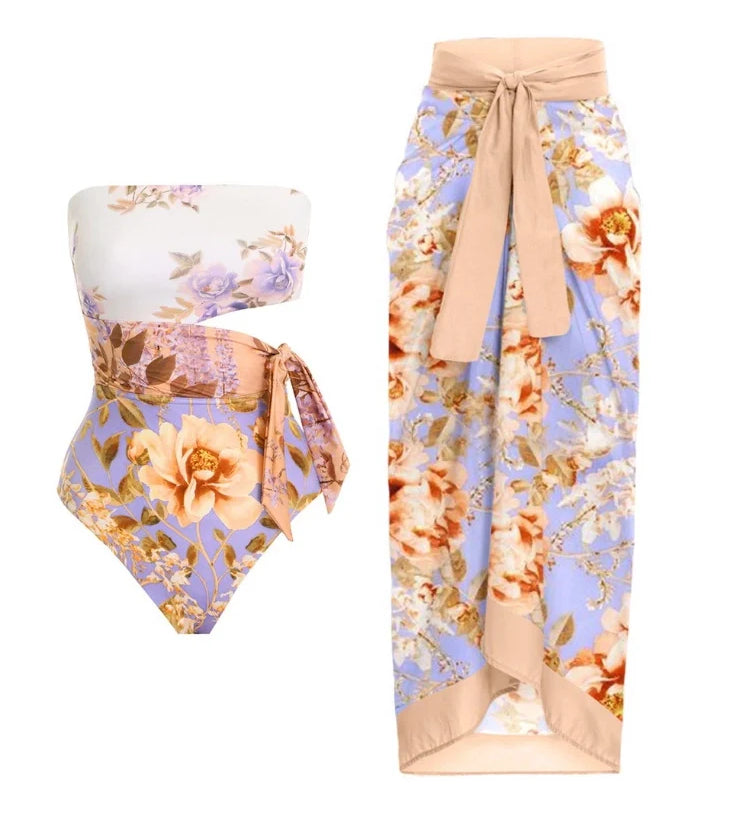 Cutout Floral Tie-Waist One-Piece Swimsuit