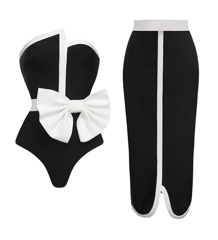 Strapless Colorblock Bow One-Piece Swimsuit
