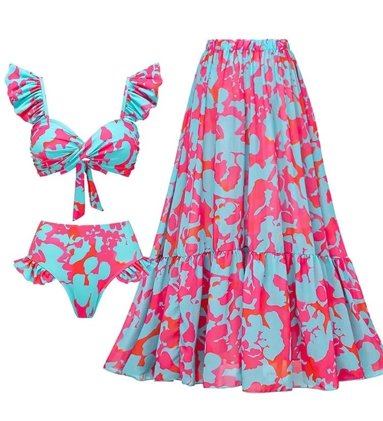 Ruffle Floral High-Waist Bikini Set