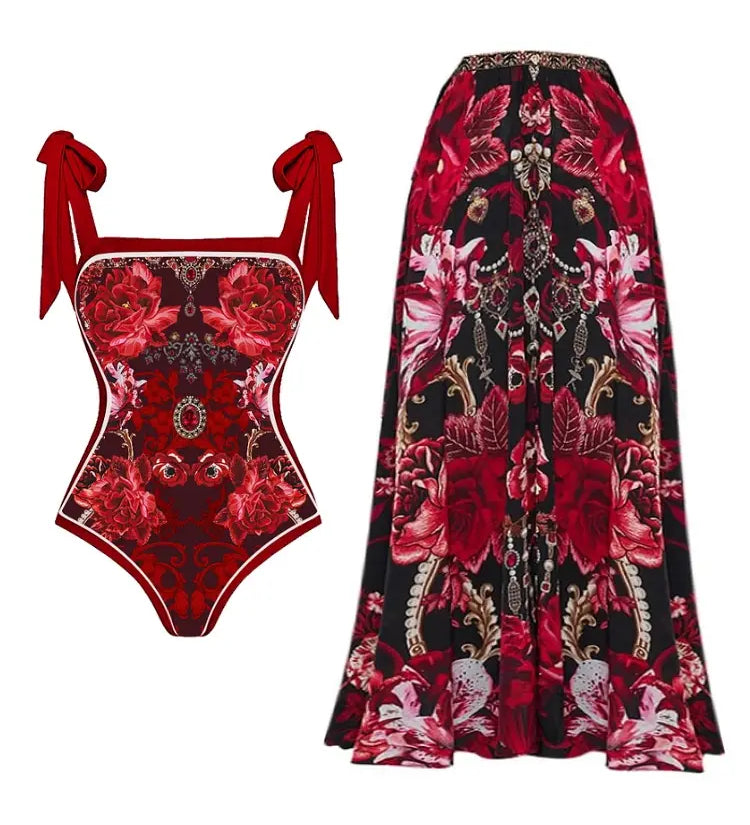 Red Floral Bow Tie Swimsuit Set