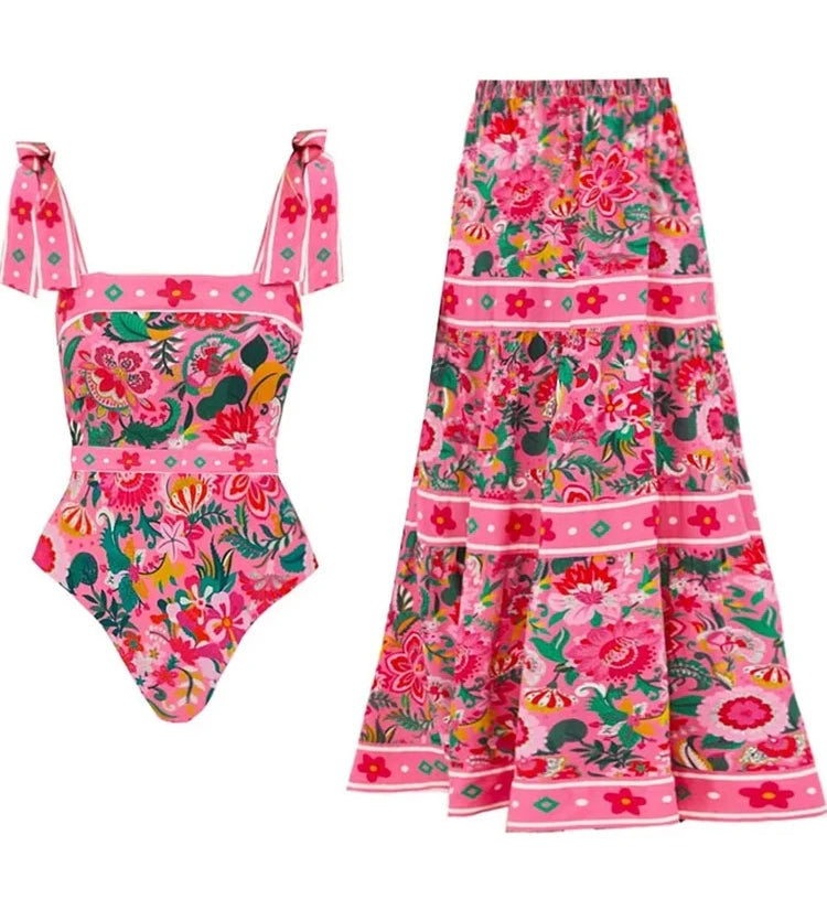 Floral Bowknot Tie One-Piece Swimsuit