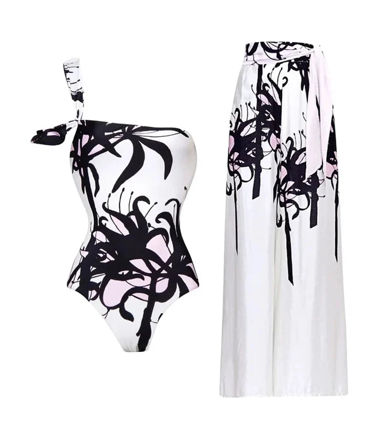 Chinese Ink Print One Piece Swimsuit Set