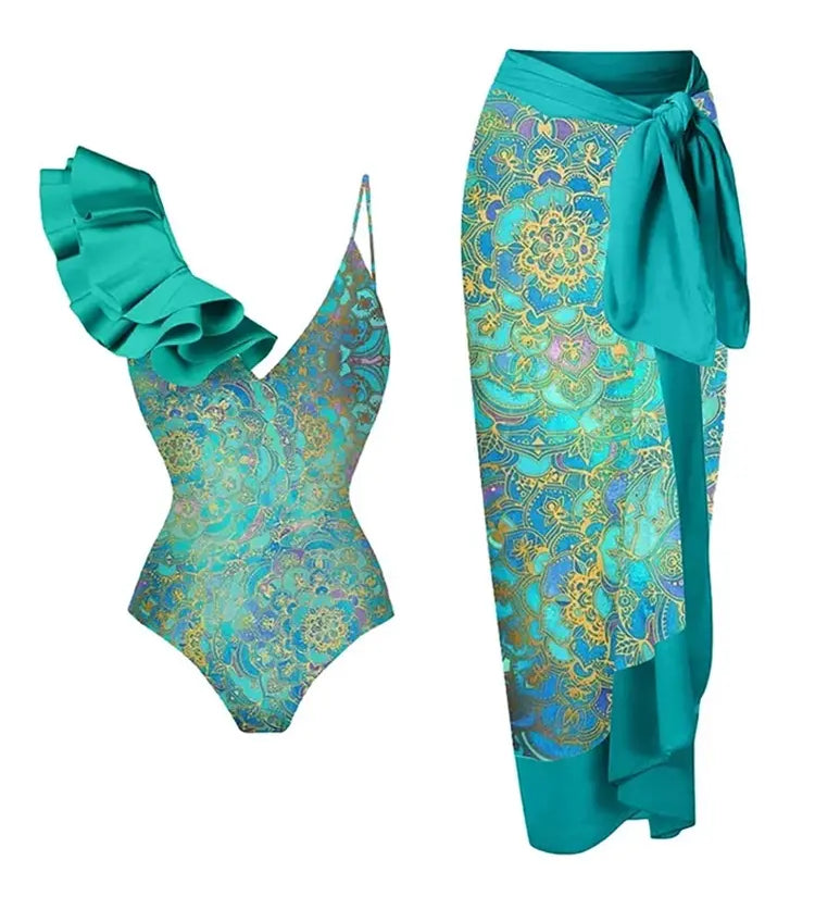 Boho Ruffle Print One Piece Swimsuit Set