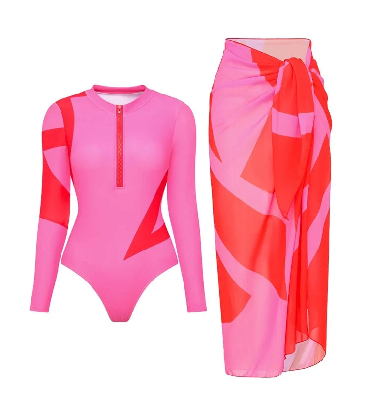 Colorblock Long Sleeve Surf Swimsuit Set