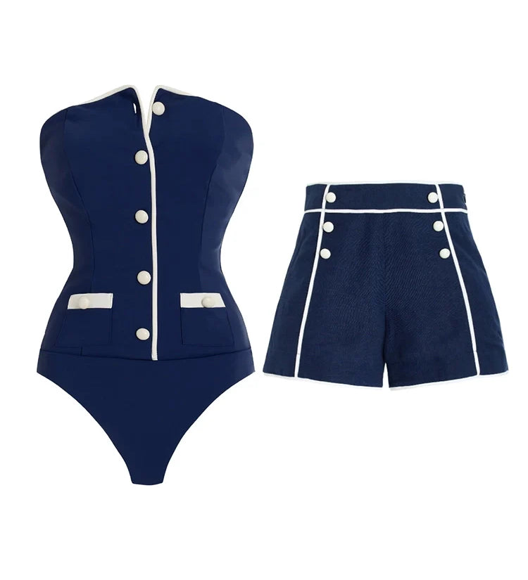 Navy Bandeau One Piece Shorts Set