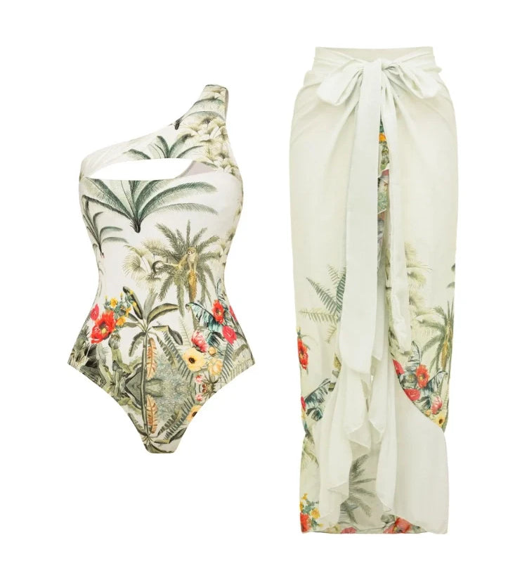 One-Shoulder Cutout Tropical Print Swimsuit