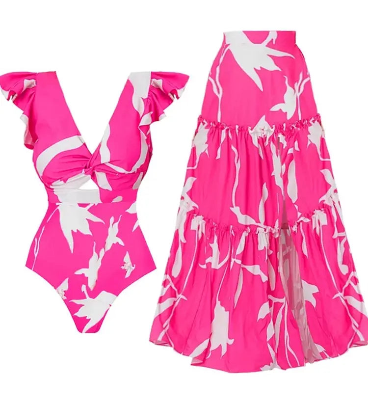 V Neck Ruffle Printed One Piece Swimsuit Set