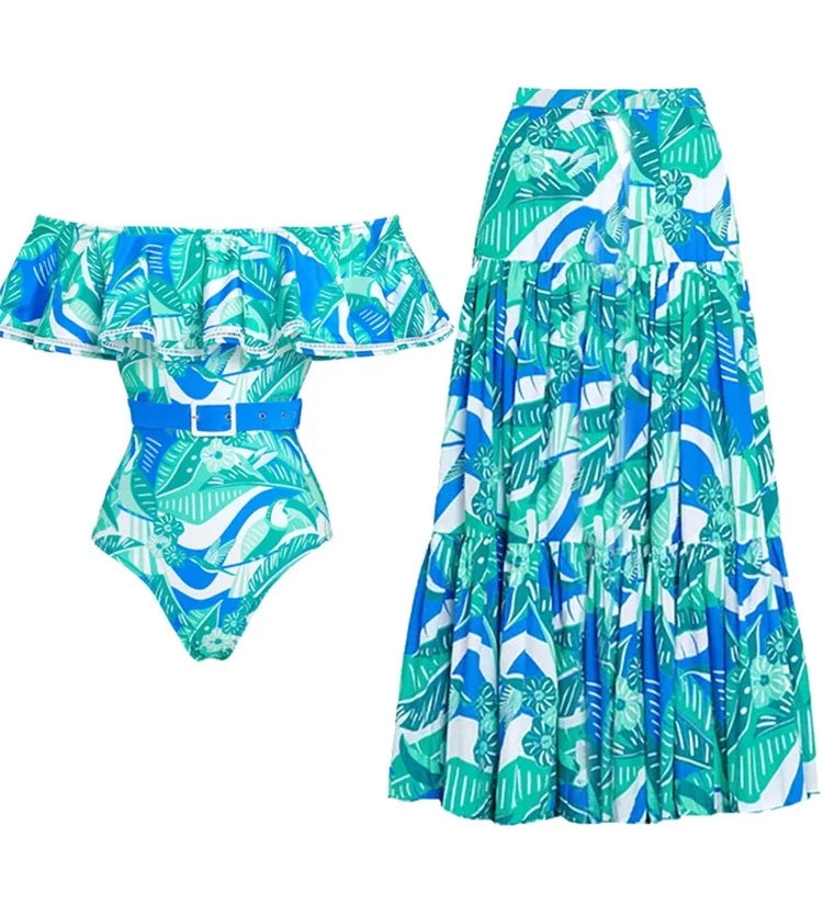 Strapless Ruffle Floral Swimsuit Set