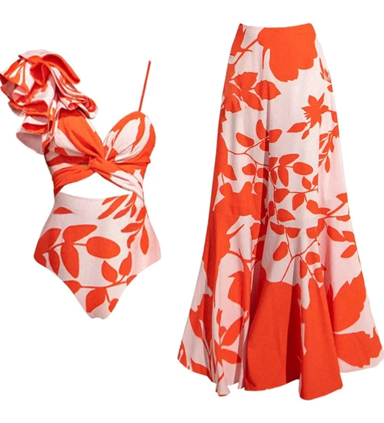 Ruffle Floral Print One-Piece Swimsuit Set