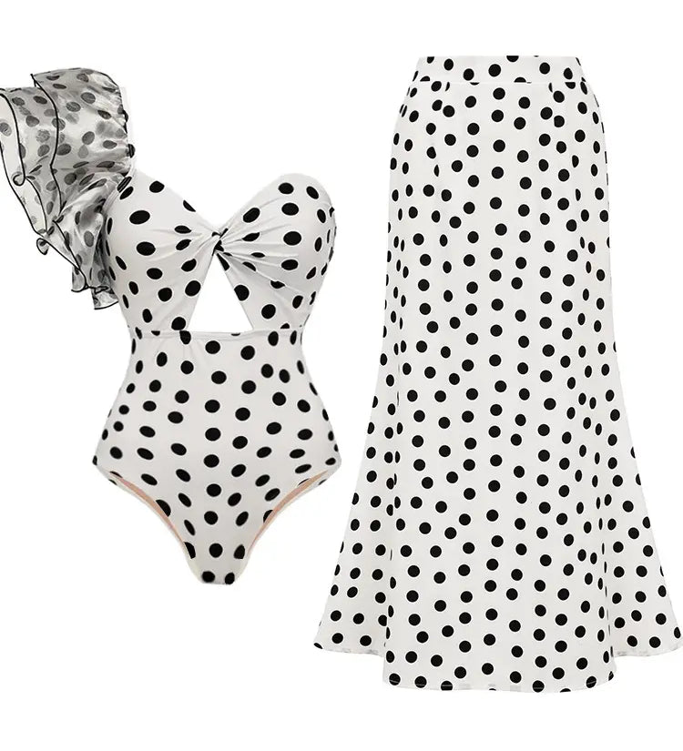 Polka Dot Ruffle Vintage Swimsuit Vacation Set