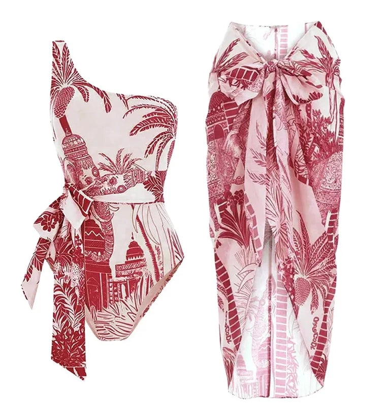 One-Shoulder Palm Print Swimsuit Set