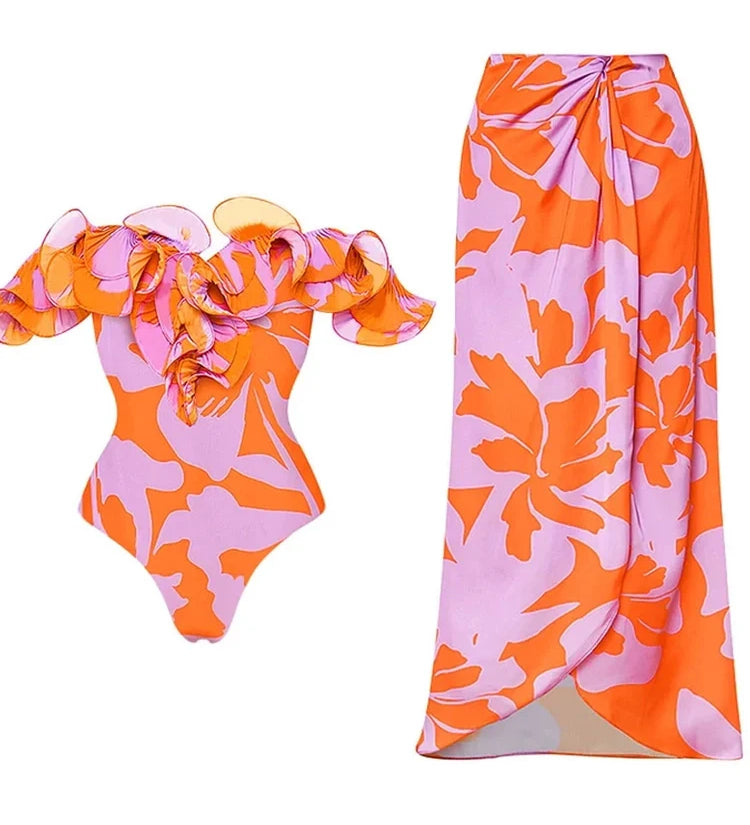 Strapless Ruffle Floral Print One Piece Swimsuit