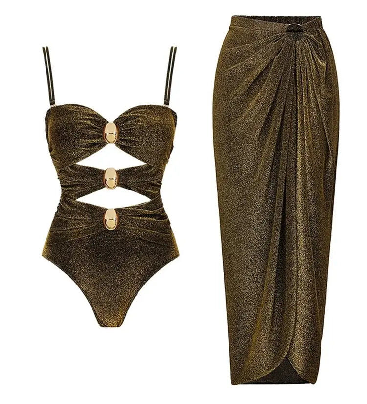 Gold Buckle Cutout Glossy One Piece Swimsuit Set