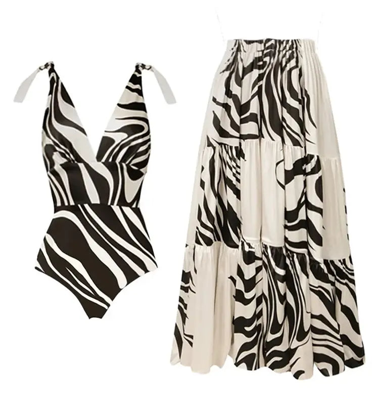Deep V Striped Monochrome Elegant Swimsuit