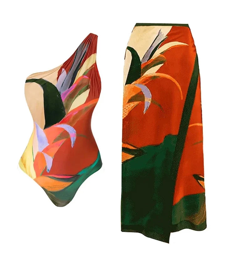 One Shoulder Holiday Floral Swimsuit Set
