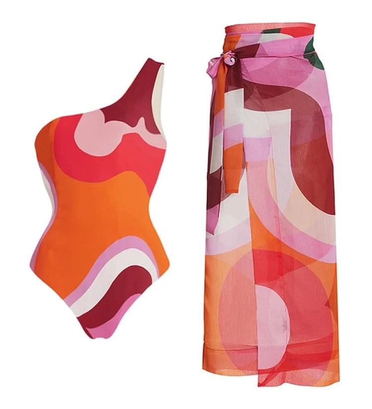 Geometric Print One Piece Swimsuit Set
