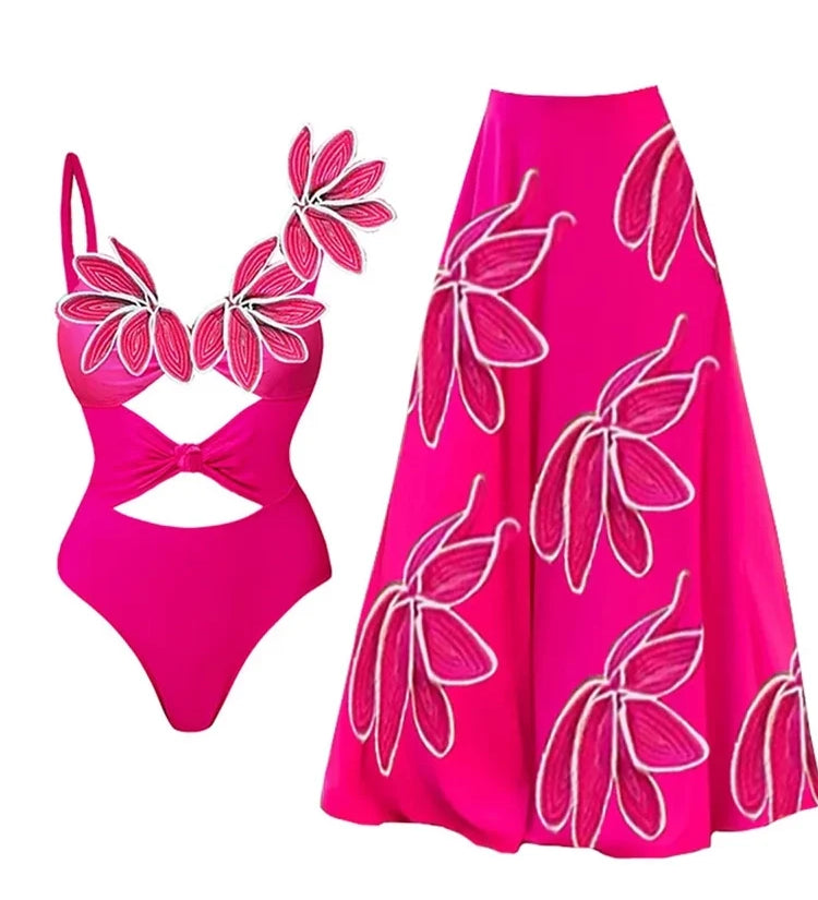 Petal Decor Fluorescent One Piece Swimsuit Set