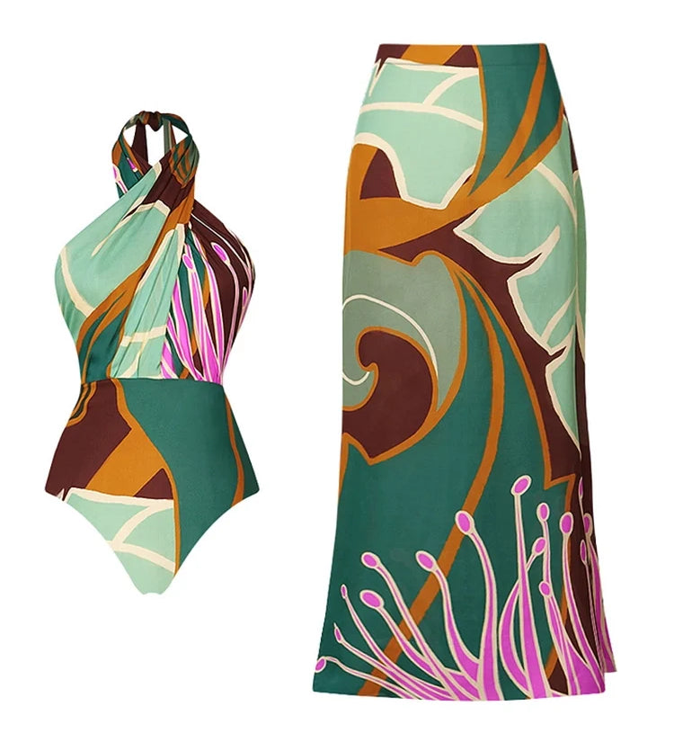 Halter Cross Backless Floral Swimsuit Set