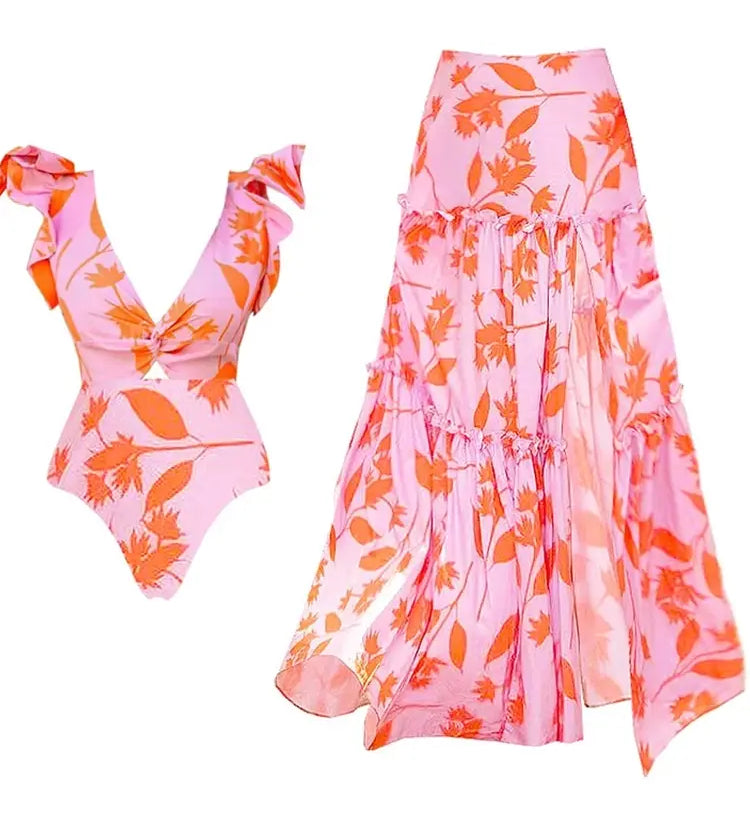 Ruffle Trim Beach Vacation Printed Swimsuit Set