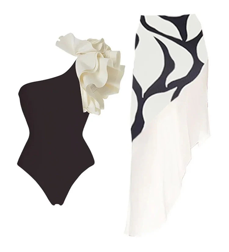 One Shoulder Ruffle Layer Retro Swimsuit