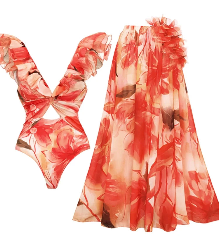 Ruffle Trim Vacation Print Swimsuit Set