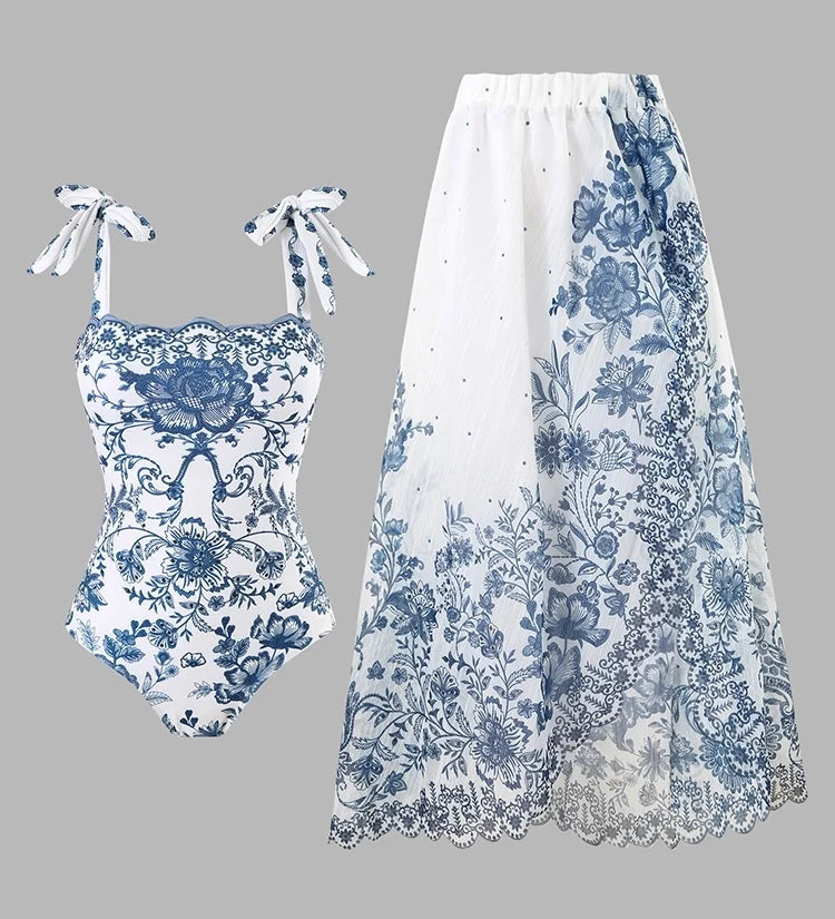 Floral Bow Tie One-Piece Swimsuit Set