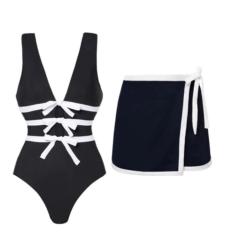 Cutout Black and White One-Piece Swimsuit