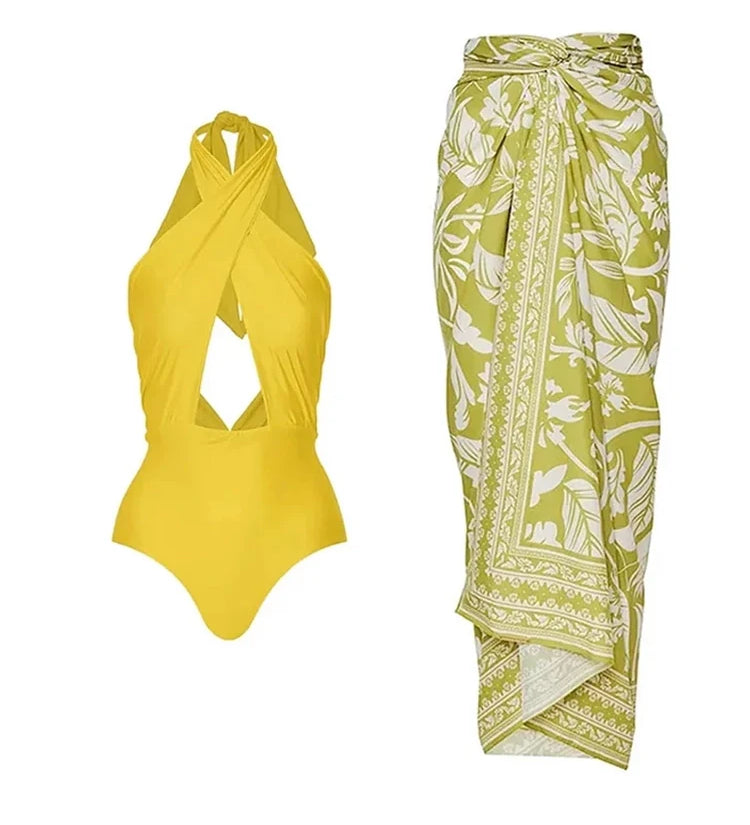 Cross Halter Solid Cutout One-Piece Swimsuit