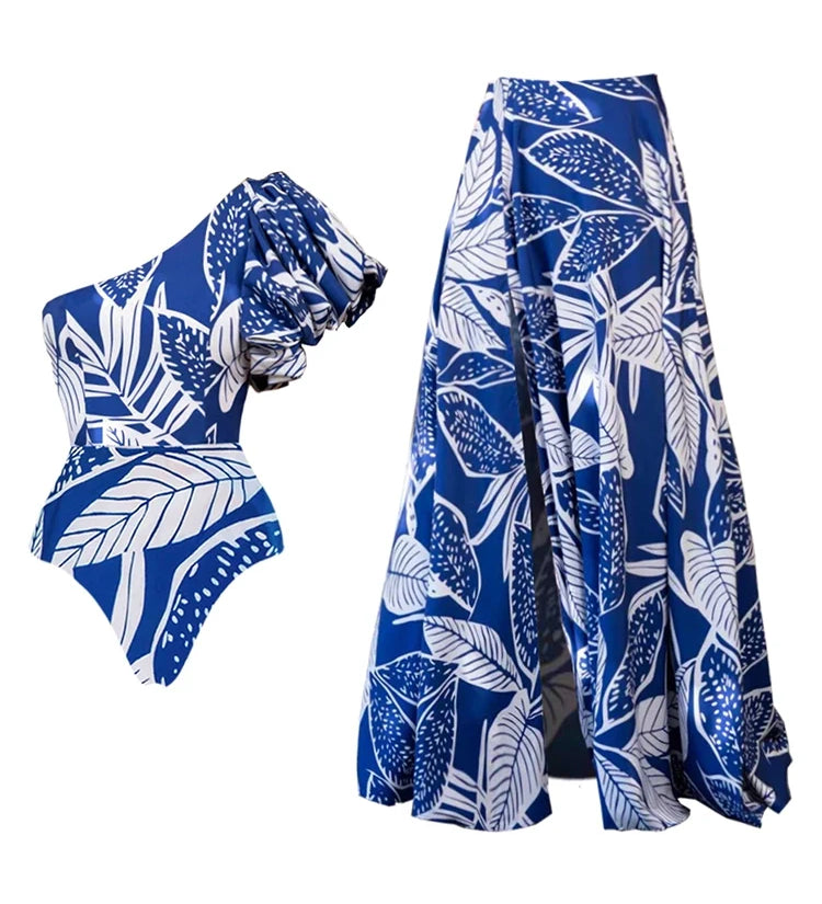 One-Shoulder Ruffle Floral Swimsuit Set