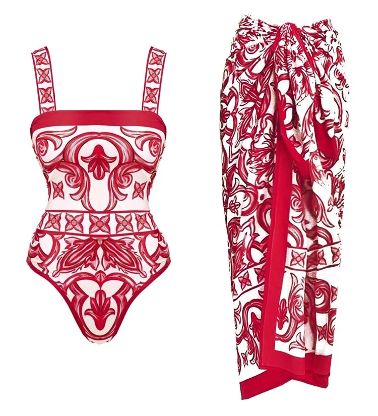 Ethnic Print One-Piece Swimsuit Set