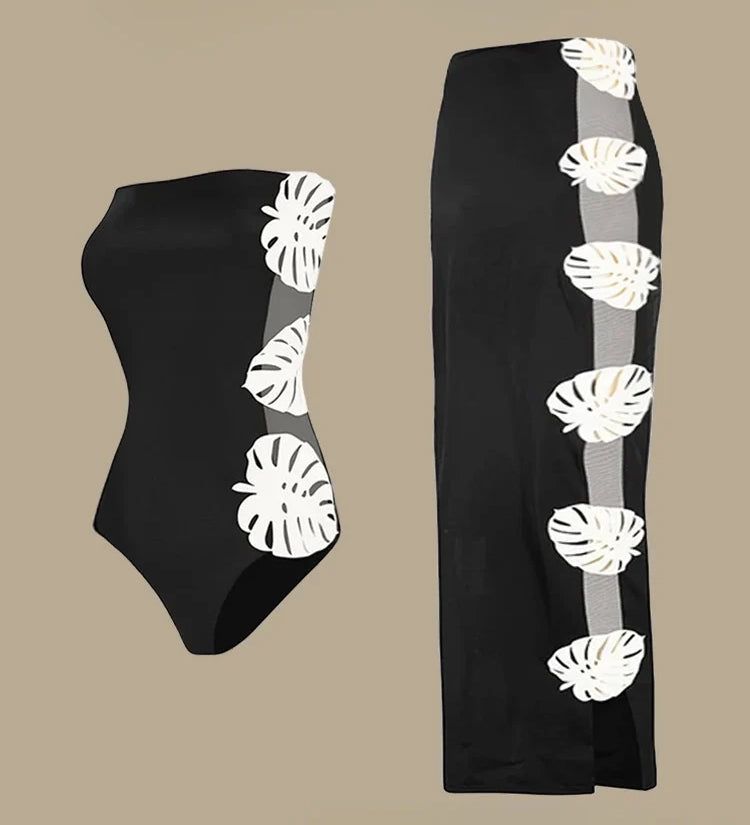 Leaf Patchwork Cutout Strapless Swimsuit