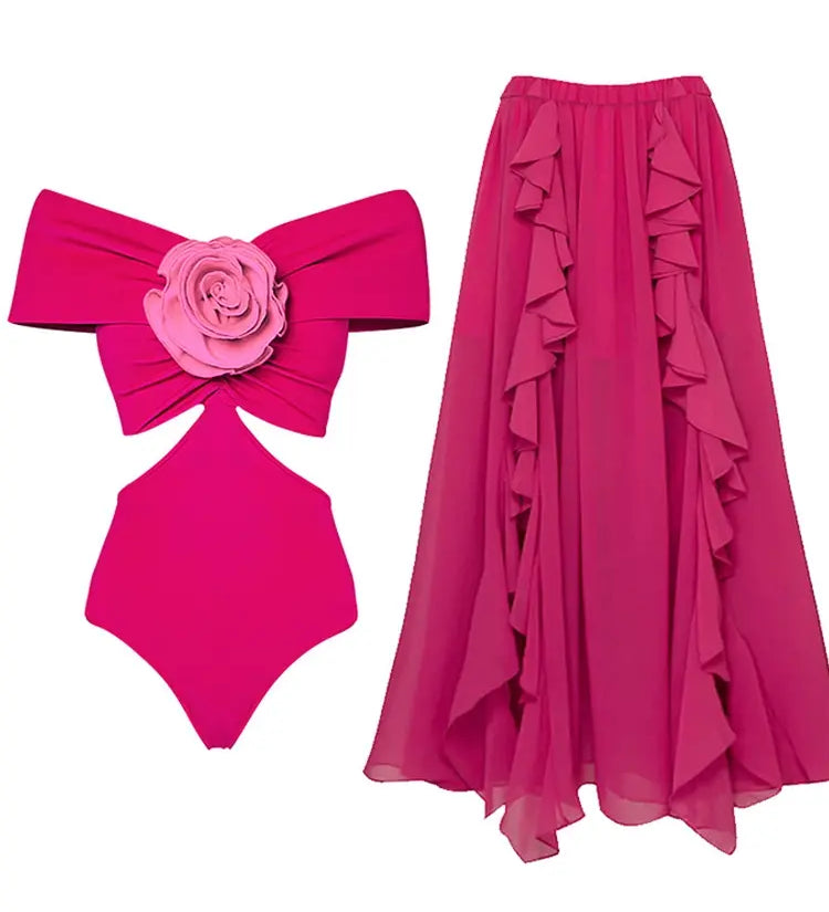 Floral Appliqué Cutout One Piece Swimsuit Set