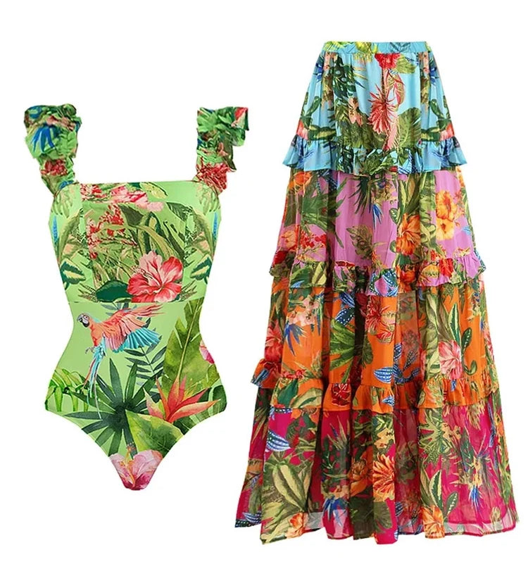 Vacation Print One Piece Swimsuit Set