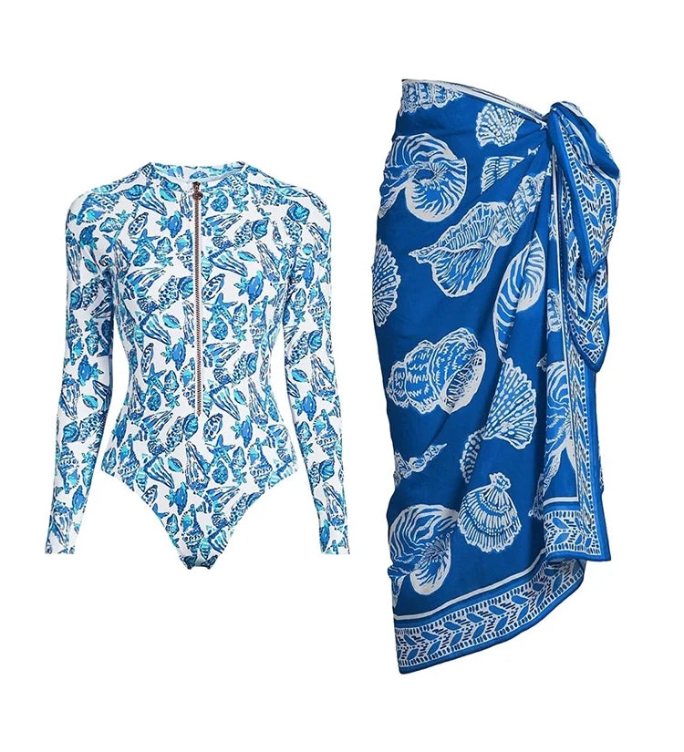 Green Zip-Up Floral Surf Swimsuit Set