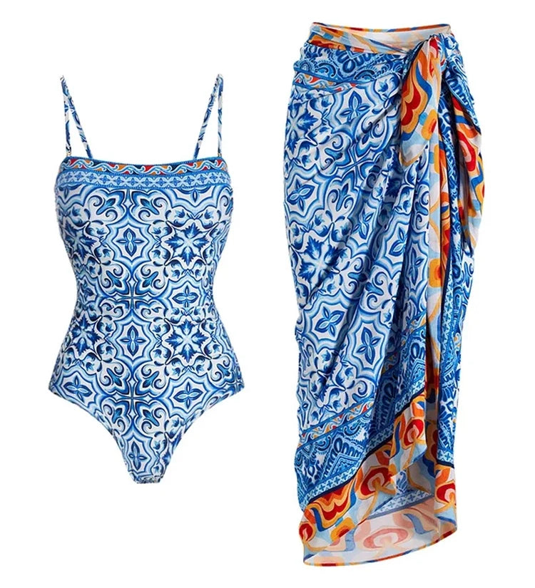 Blue Ethnic Print Swimsuit Set