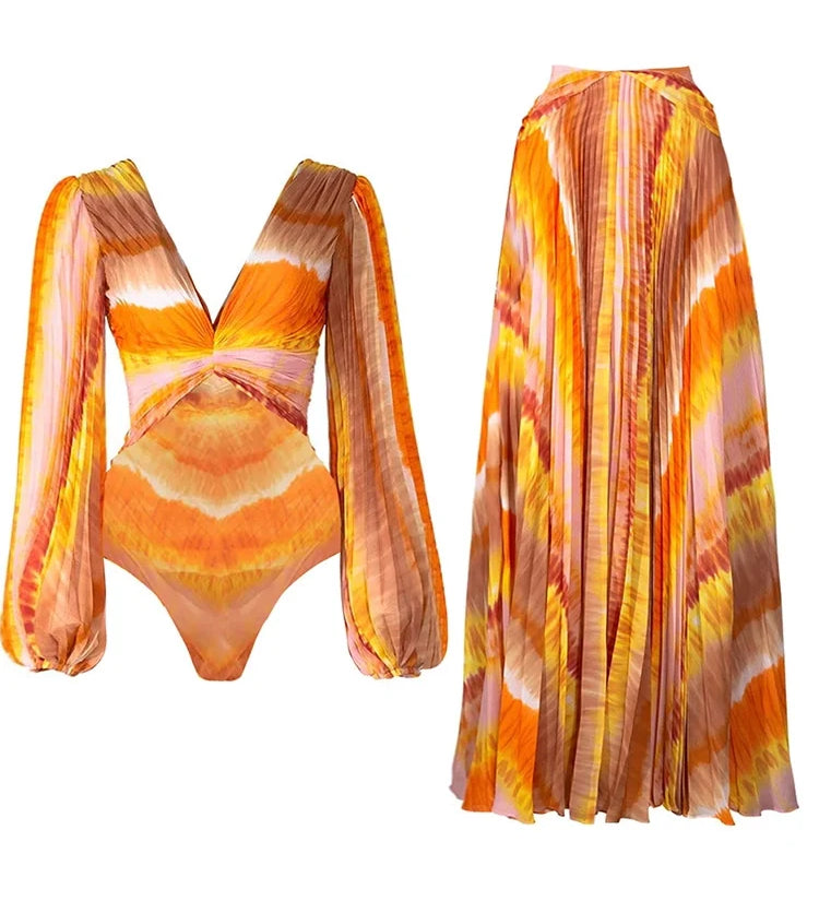 V-Neck Long Sleeve Printed Swimsuit Set