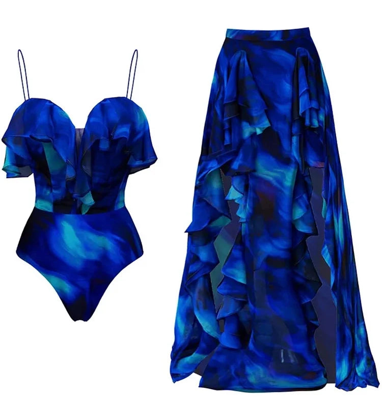 Ruffle One Piece Swimsuit Beach Vacation Set