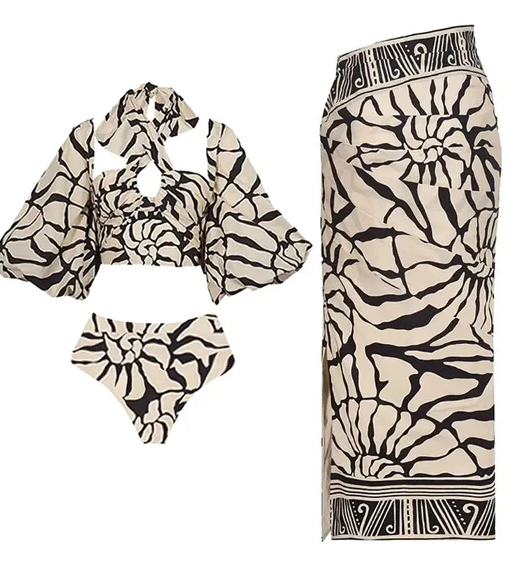 Halter Printed Swimsuit Set with Detachable Sleeves
