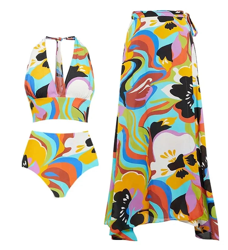 Deep V Halter Neck Print Sexy Swimsuit Set