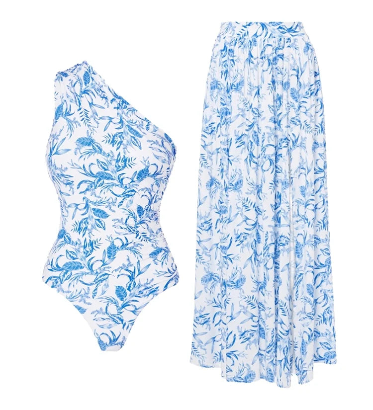 Fresh Floral One-Shoulder Blue Set