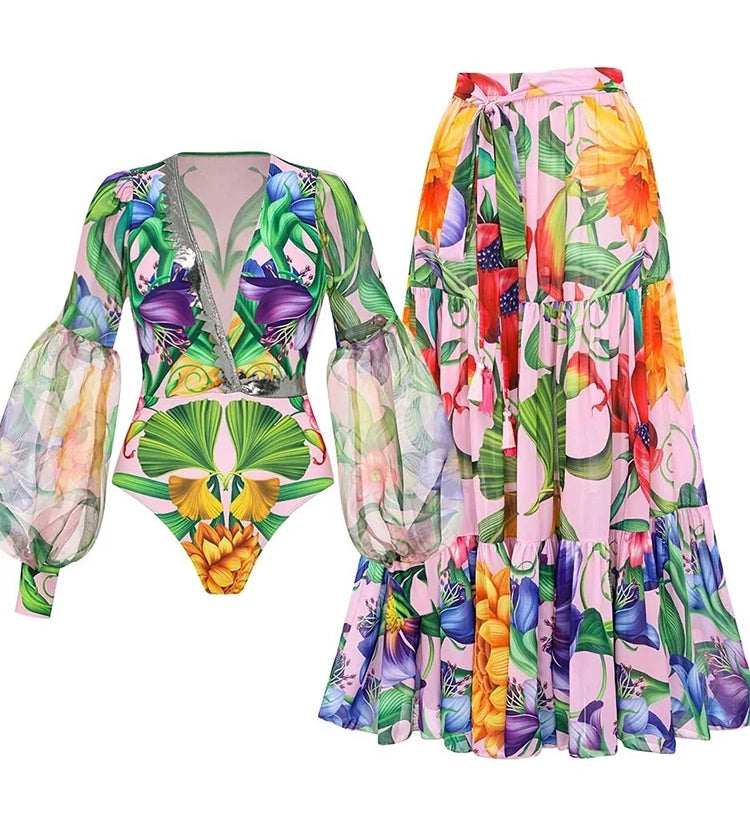 Deep V Lantern Sleeve Printed Swimsuit Set