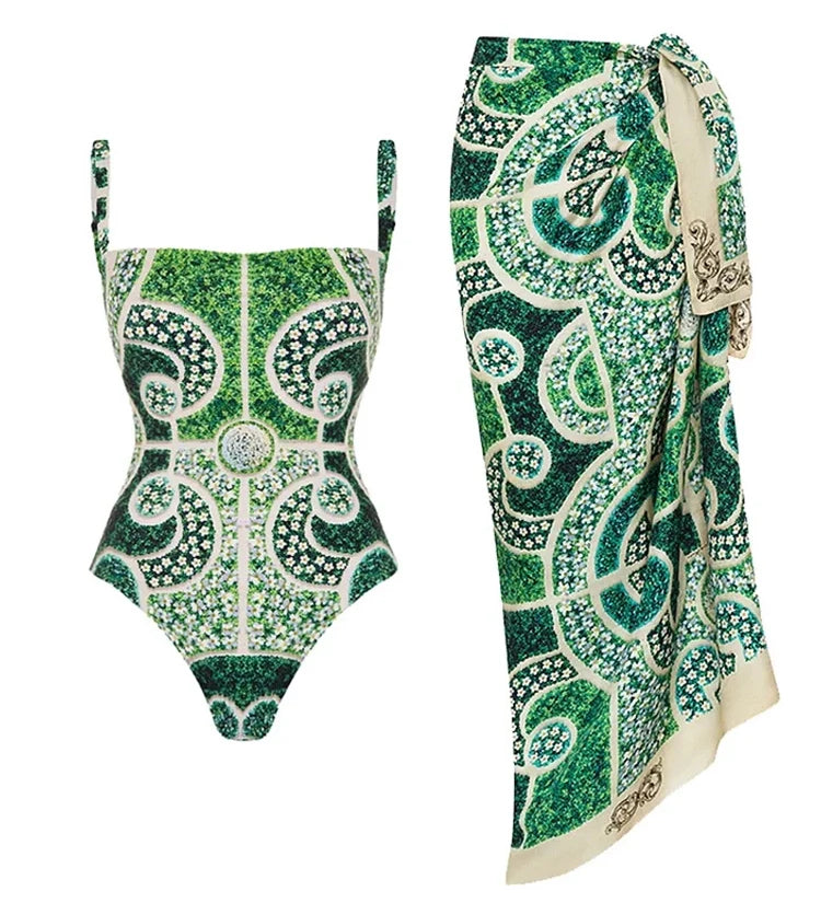 Green Ethnic Print One Piece Swimsuit Set