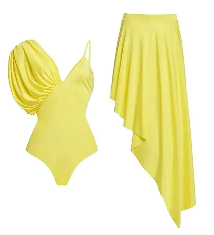 Puff Sleeve Solid Color Elegant Swimsuit