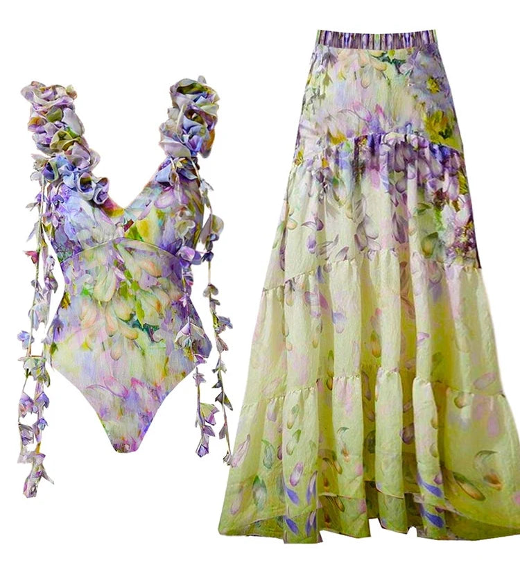 Floral Appliqué Tie-Up Fairy Style Swimsuit