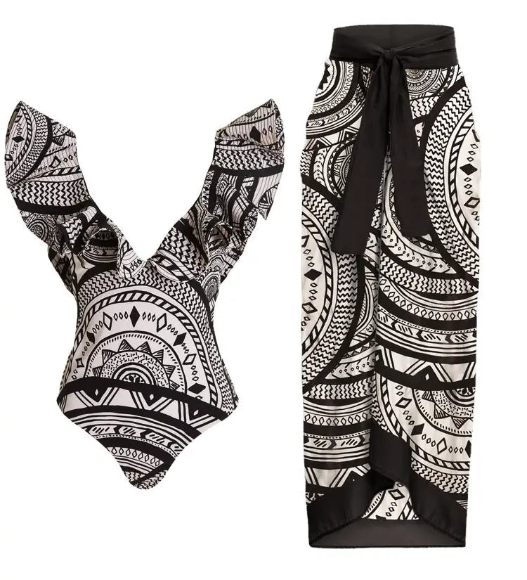 Deep V Ruffle Vintage Print Swimsuit