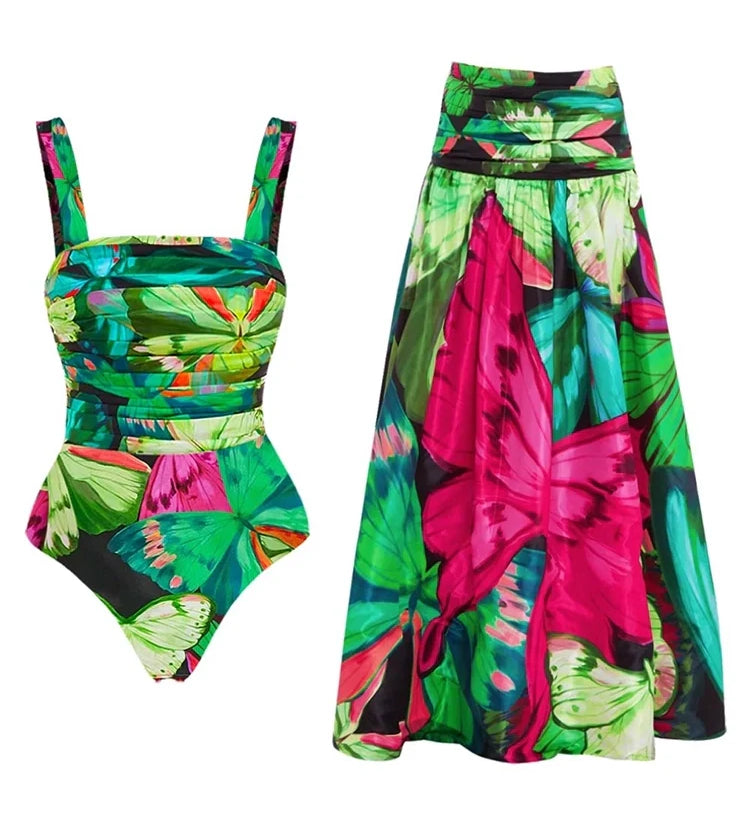 Butterfly Print Ruched Slimming Swimsuit Set