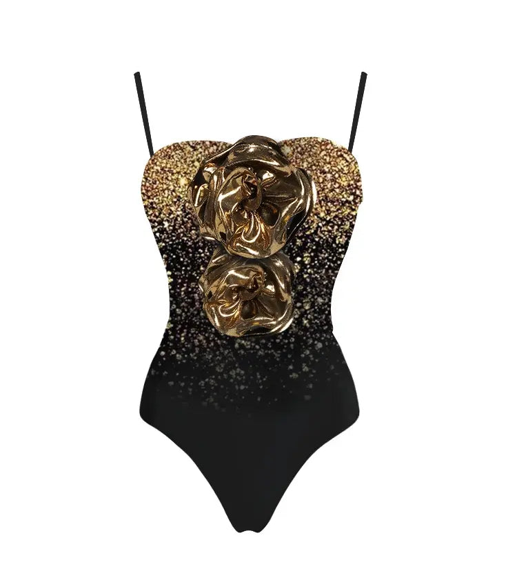 3D Floral Sequin Print Strapless Swimsuit Set